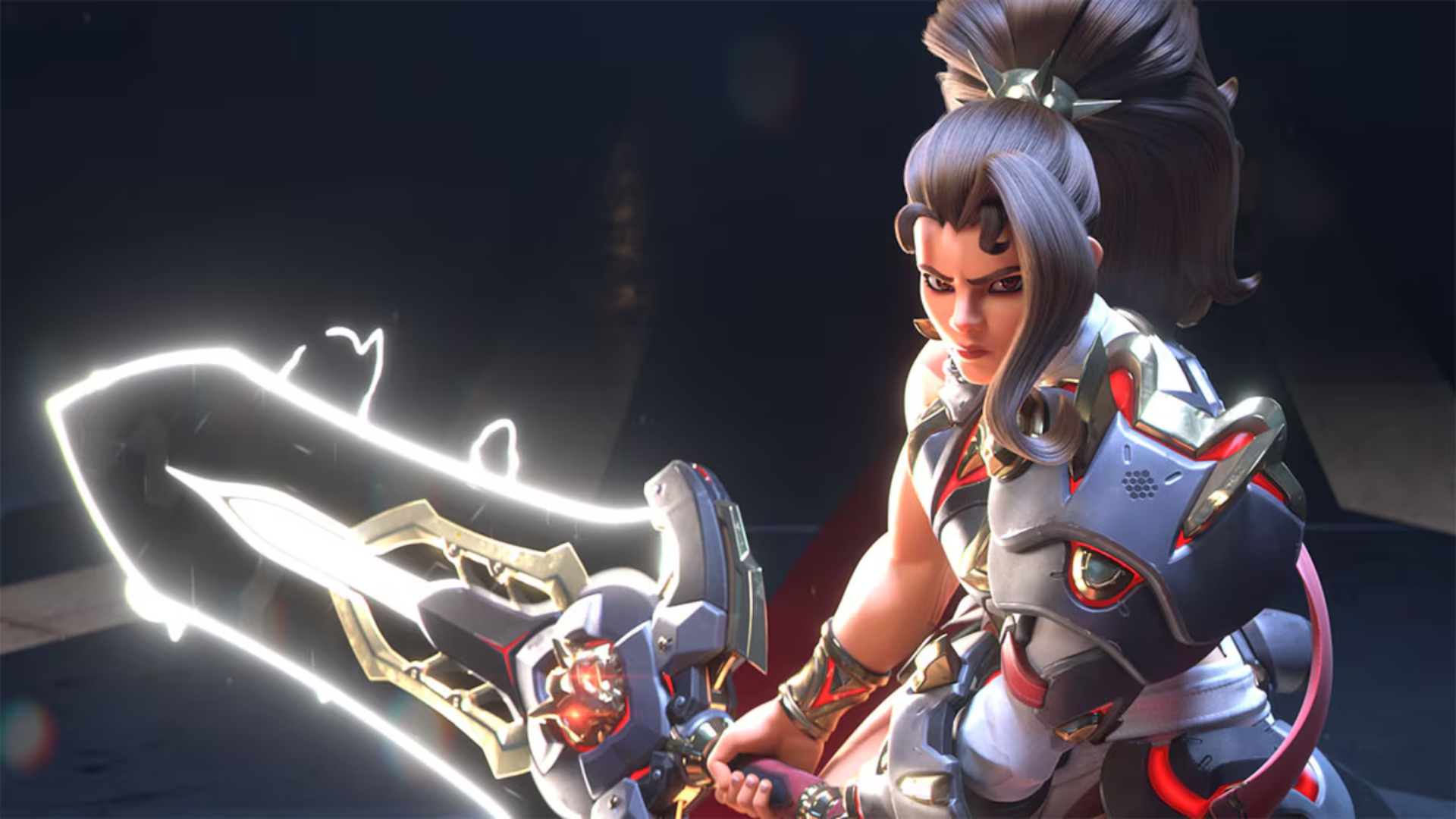 Overwatch: An upper-body image of Vendetta holding her sword to her right, with a determined facial expression.