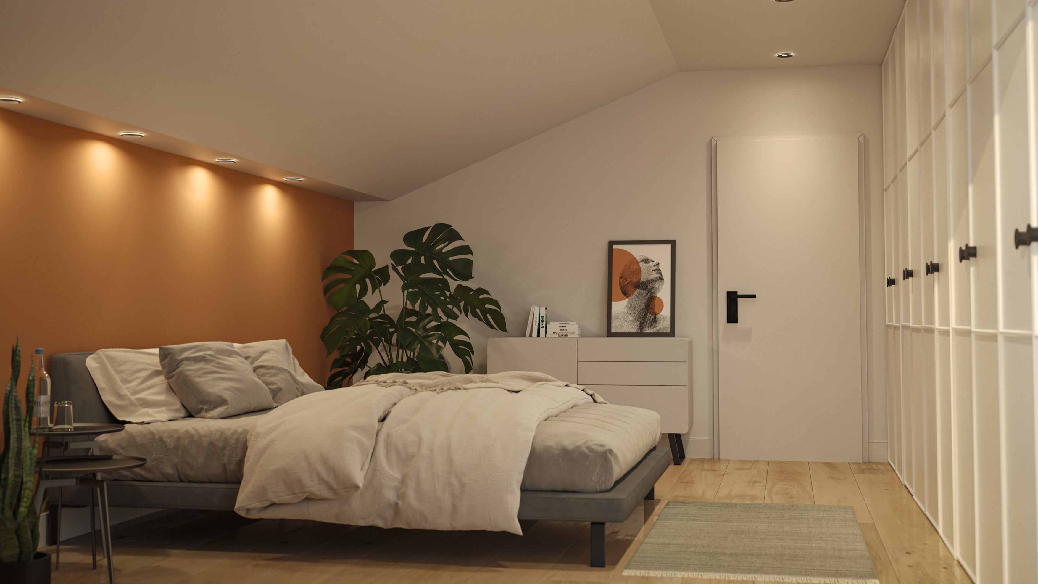 Bedroom lit using layered Paulmann lights