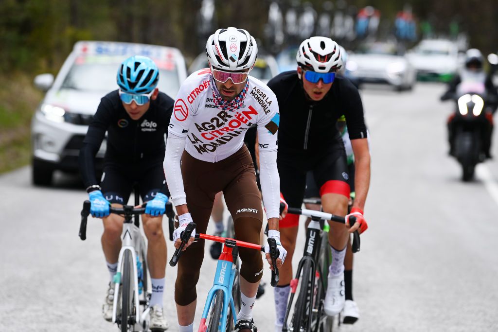 ALPBACH AUSTRIA APRIL 17 Valentin ParetPeintre of France and Ag2R Citron Team competes in the breakaway during the 46th Tour of the Alps 2023 Stage 1 a 1275km stage from Rattenberg to Alpbach 984m on April 17 2023 in Alpbach Austria Photo by Tim de WaeleGetty Images