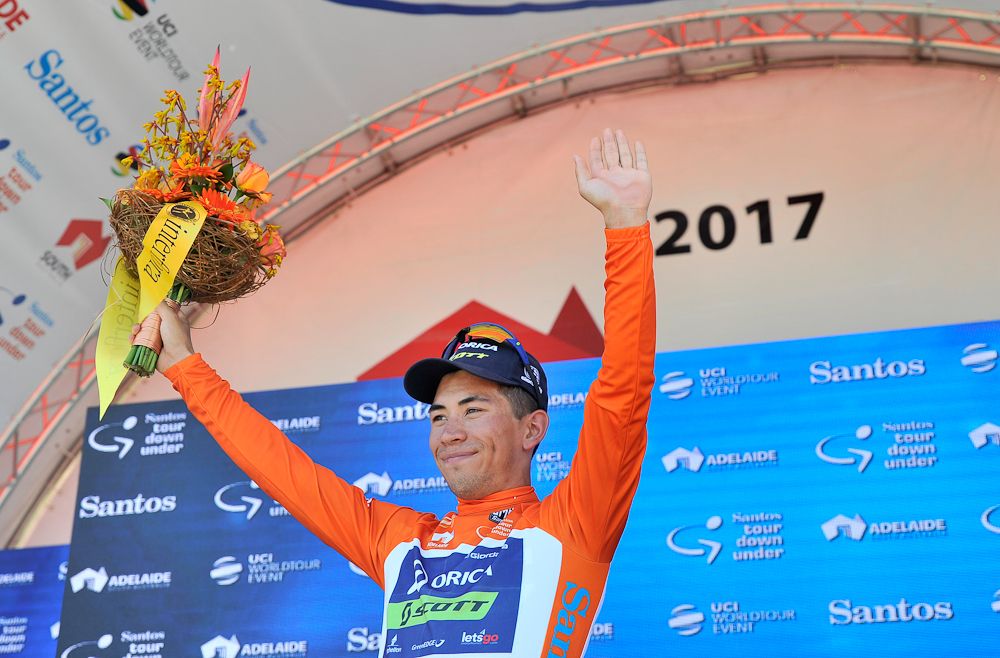 Caleb Ewan on the Tour Down Under podium after winning stage 1