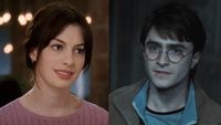 Anne Hathaway wearing pink at the dinner table in The Devil Wears Prada (2006), Daniel Radcliffe in blue and speaking to the dead in Harry Potter and the Deathly Hallows Part 2.