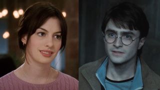 Anne Hathaway wearing pink at the dinner table in The Devil Wears Prada (2006), Daniel Radcliffe in blue and speaking to the dead in Harry Potter and the Deathly Hallows Part 2.