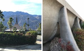 Exterior view of Church and close up view of construction design on right