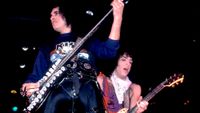 American rock musicians Gene Simmons (left) and Paul Stanley, both of the group Kiss, perform onstage at the UIC Pavillion, Chicago, Illinois, February 15, 1984