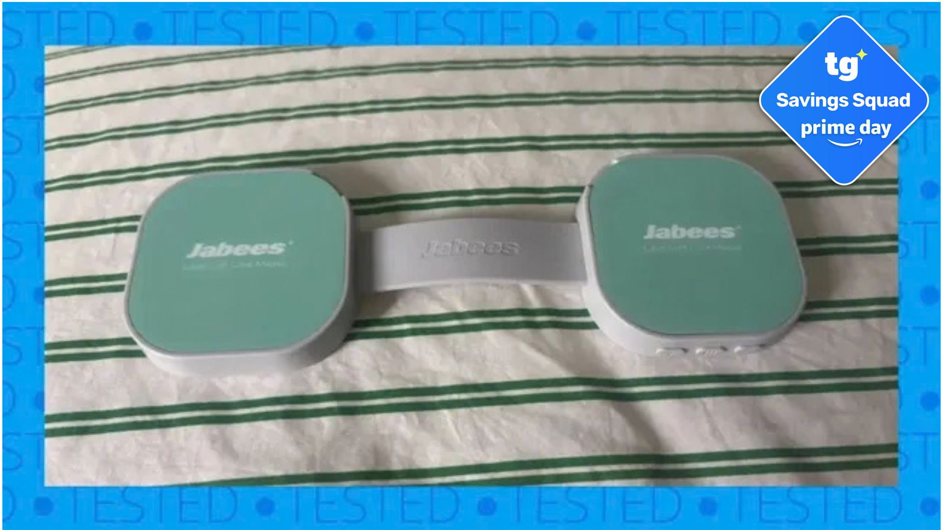 The Jabees PEACE Duo Pillow Speaker on striped bedding. A border shows the word "TESTED" in a repeated pattern. A Amazon Prime Day deals badge is seen in the top right foreground. 