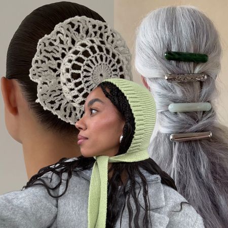 Photo collage of women wearing trendy hair accessories