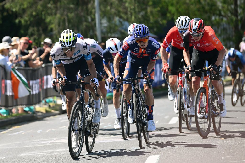 GEELONG AUSTRALIA FEBRUARY 02 LR Javier Romo of Spain and Movistar Team Oscar Onley of Great Britain and Team Picnic PostNL and Magnus Sheffield of United States and Team INEOS Grenadiers compete in the breakaway during the 9th Cadel Evans Great Ocean Road Race 2025 Mens Elite a 1838km one day race from Geelong to Geelong UCIWT on February 02 2025 in Geelong Australia Photo by Dario BelingheriGetty Images