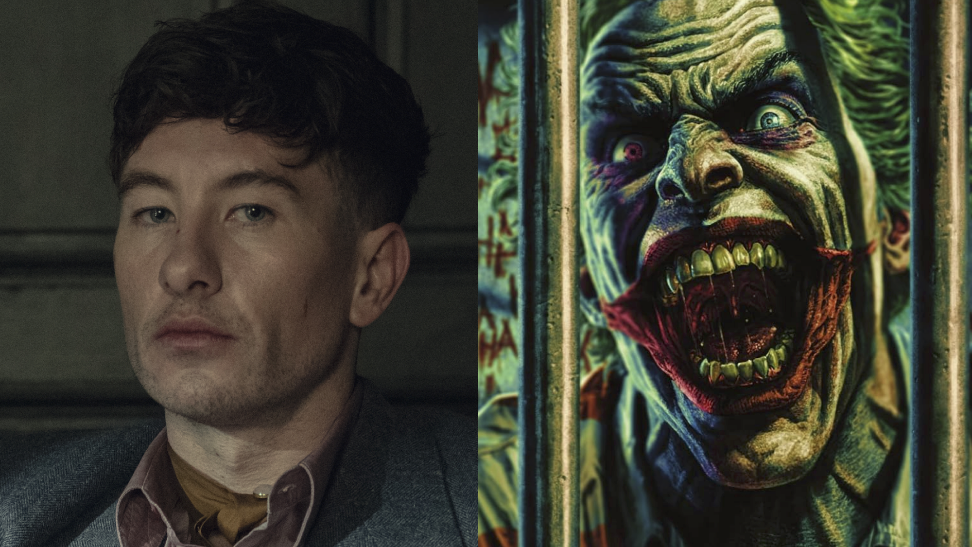 Side by side: Barry Keoghan's Duke Shelby in Peaky Blinders: The Immortal Man, The Joker screaming with laughter through jail bars on cover to The Joker: The Man Who Stopped Laughing Vol. 2