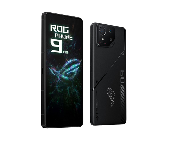 A photo of the back and front of the ASUS ROG Phone 9 FE in black.