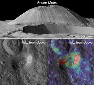 These views of Ceres from NASA's Dawn spacecraft show Ahuna Mons, the tallest mountain on the dwarf planet. The mountain is one of the few places on Ceres with significant amount of sodium carbonate.