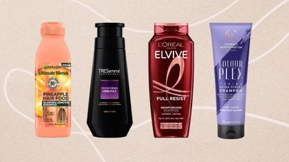 Collage of 4 of the best drugstore shampoos featured in this guide from (left to right) Garnier, Tresemme, L'Oreal Paris, Charles Worthington, set against a beige background with pale fine line detail