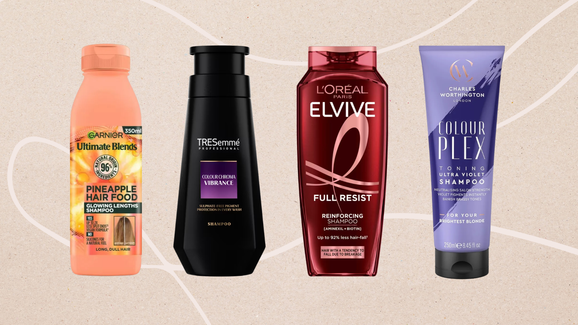 Collage of 4 of the best drugstore shampoos featured in this guide from (left to right) Garnier, Tresemme, L'Oreal Paris, Charles Worthington, set against a beige background with pale fine line detail