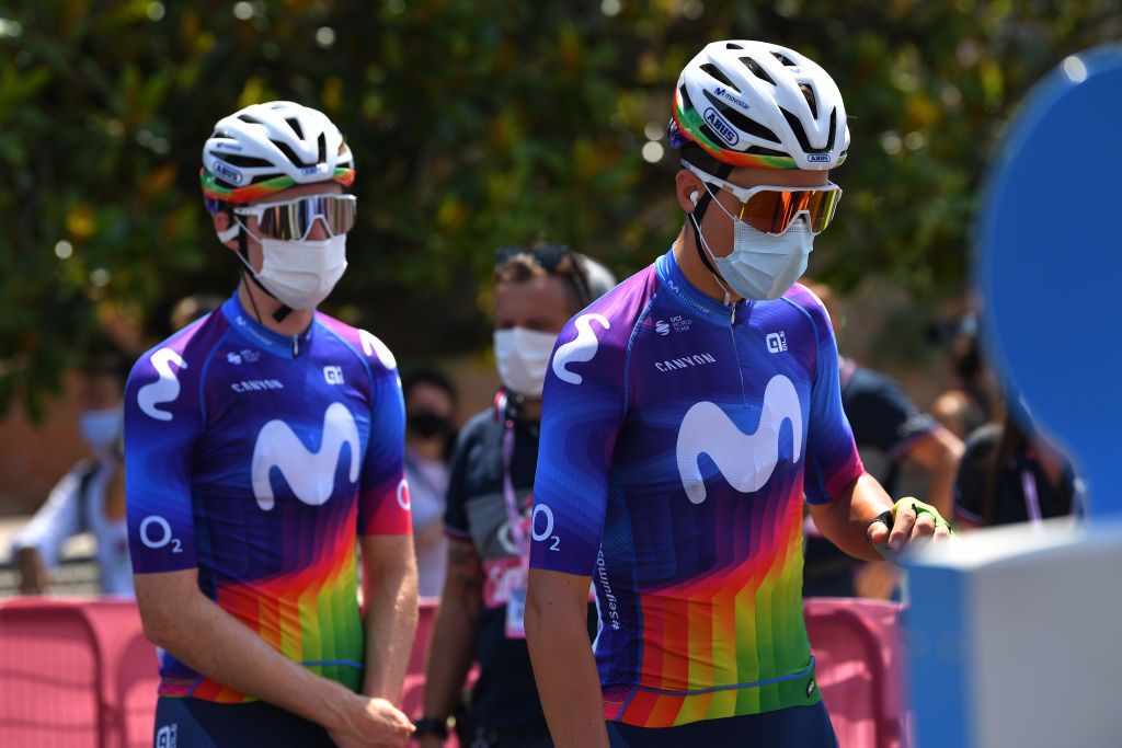 SIENA ITALY AUGUST 01 Start Movistar Team Rider during the Eroica 14th Strade Bianche 2020 Men a 184km race from Siena to SienaPiazza del Campo StradeBianche on August 01 2020 in Siena Italy Photo by Tim de WaeleGetty Images