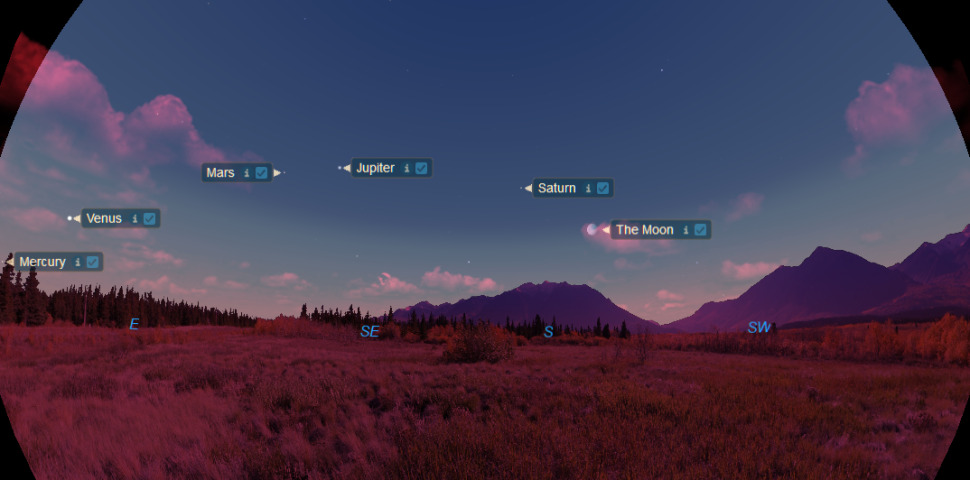 A diagram showing the locations of five bright planets, Mercury, Venus, Mars, Jupiter and Saturn, in the predawn sky on June 17, 2022. (Image credit: Starry Night)