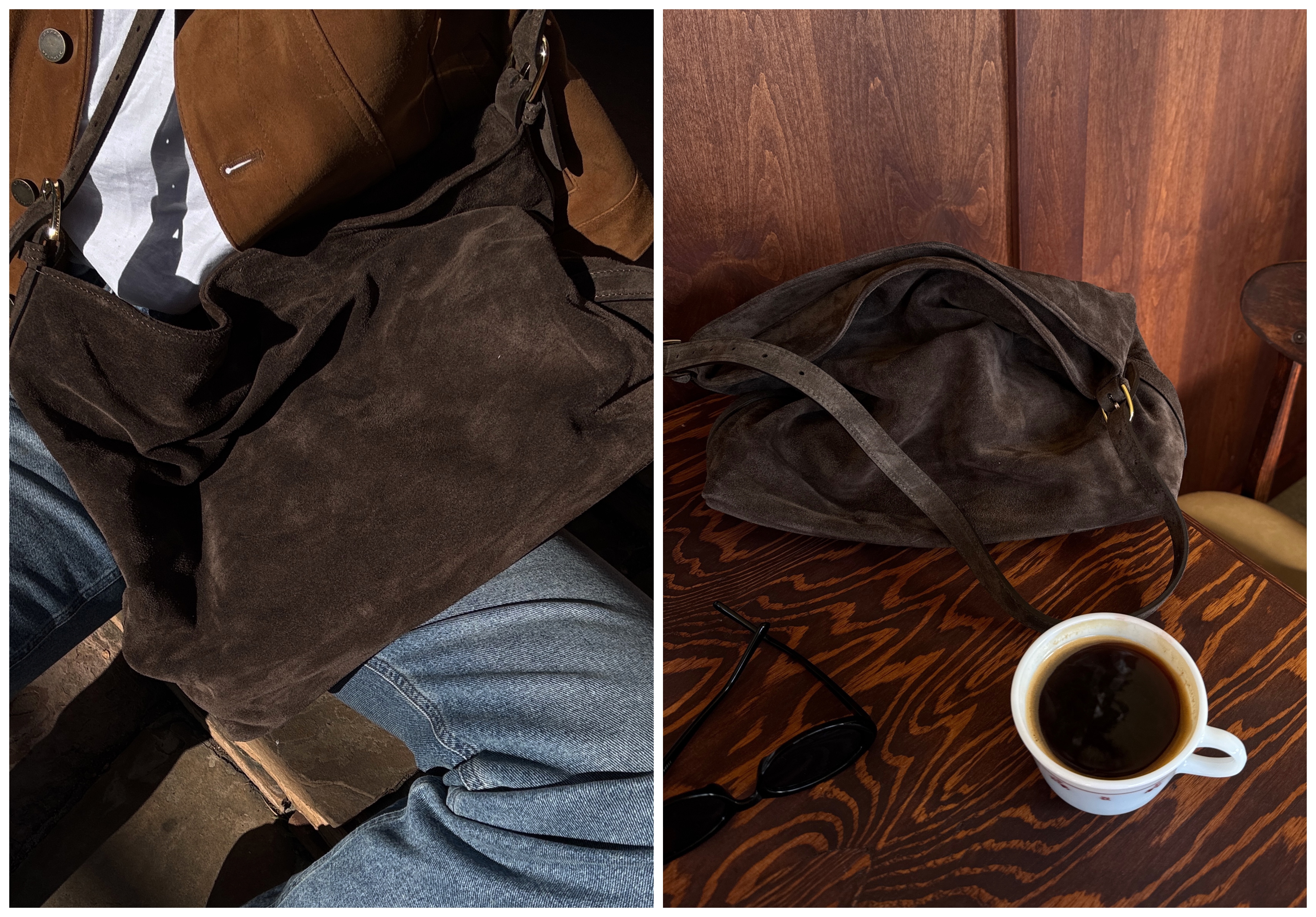 split image of Kathryn Zahorak with suede bag and bag on table with coffee mug