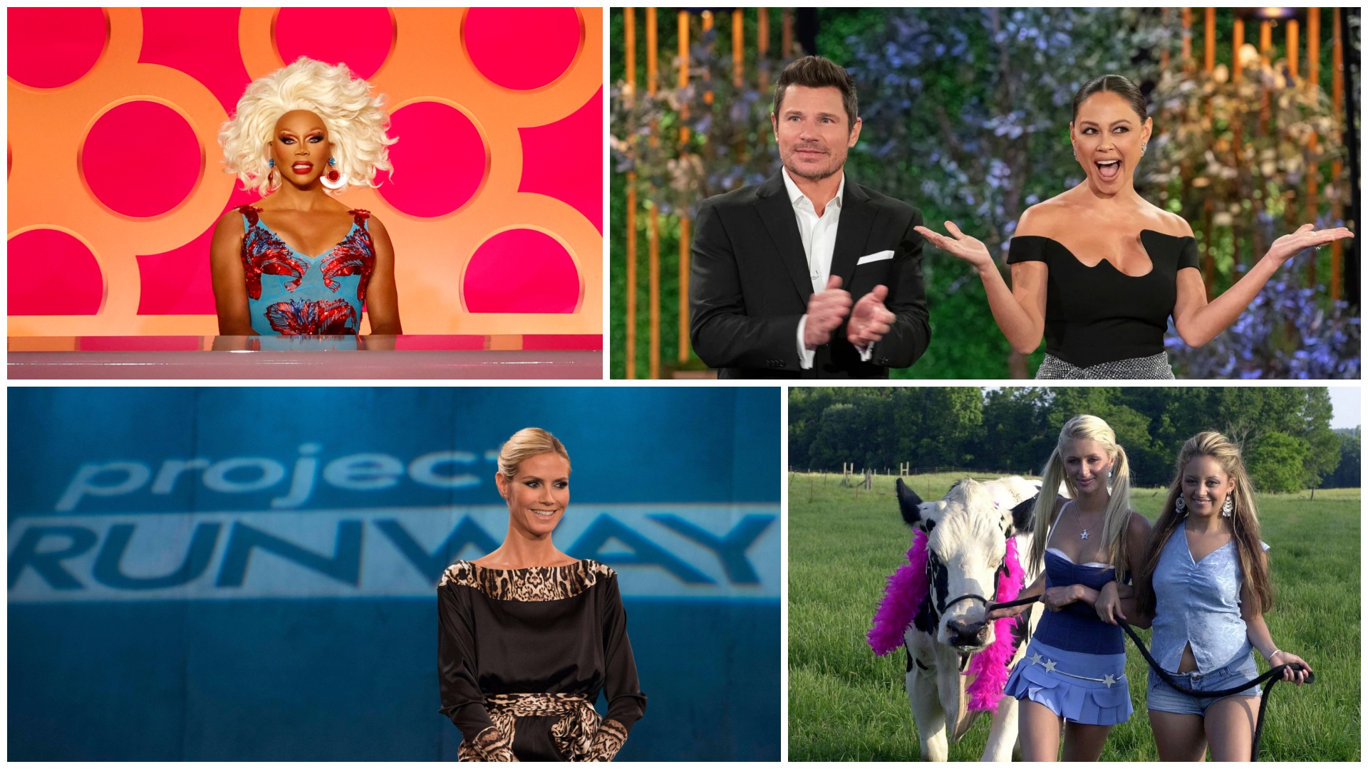 a collage of the best reality shows of all time including rupaul&#039;s drag race project runway the simple life and love is blind