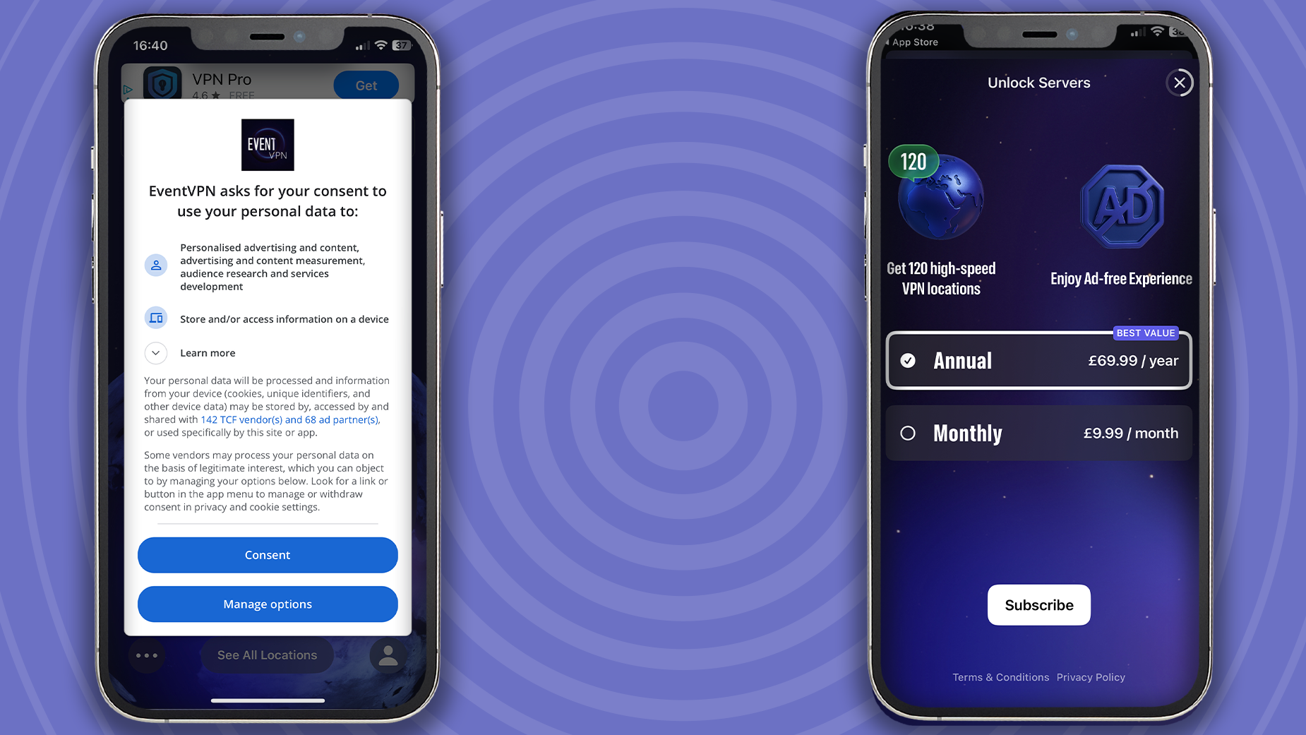 Two screenshots of the EventVPN app on iPhone