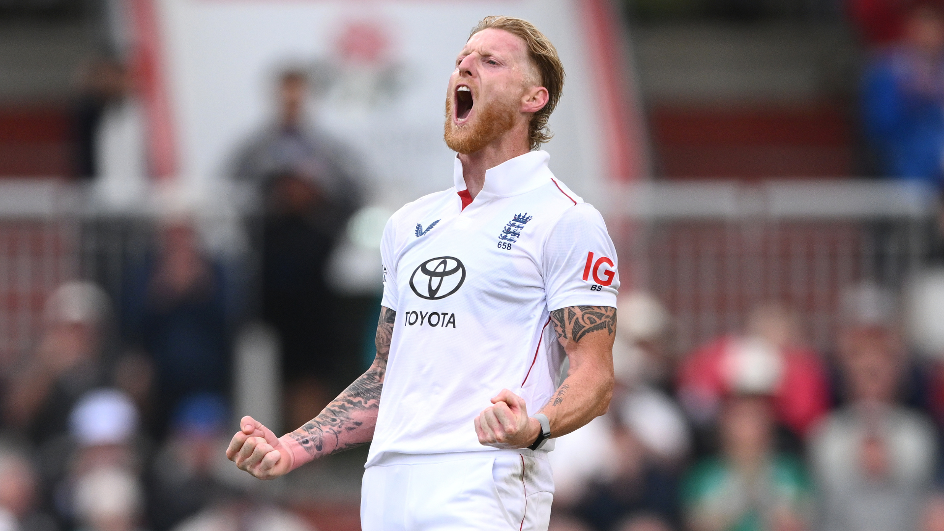England bowler Ben Stokes celebrates the wicket of india batsman Sai Sudharsan during day one of the Fourth Test Match between England and India at Emirates Old Trafford on July 23, 2025 in Manchester, England ahead of the 2025/26 Ashes in Australia.