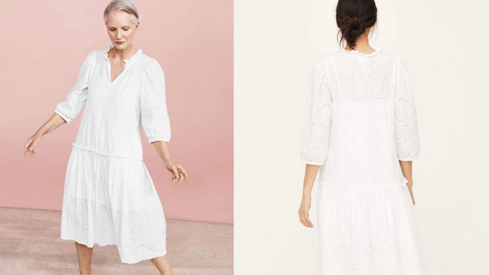 two women in composite image showing front and back of thought clothing white trapeze dress