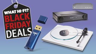 Black Friday deals graphic with turntable, amp, DAC and streamer against purple background