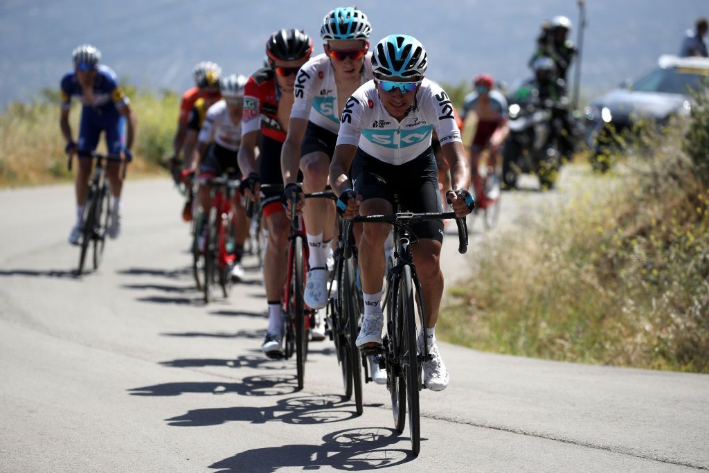 Team Sky's Sebastian Henao is followed by teammate Tao Geoghegan Hart during stage 2 of the 2018 Tour of California