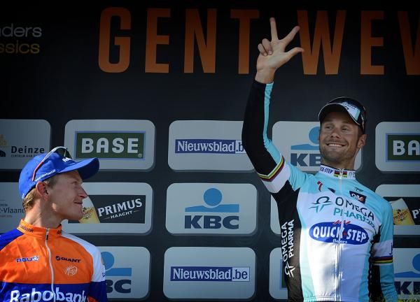 Tom Boonen counts up his wins on the Gent-Wevelgem podium