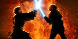 Anakin Skywalker in a lightsaber duel with Obi-Wan Kenobi in Star Wars: Revenge of the Sith