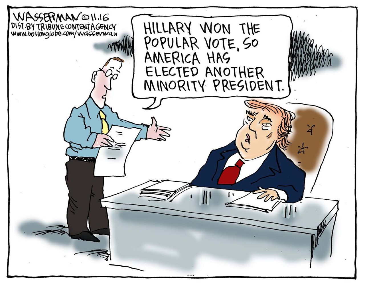 Political cartoon U.S. 2016 election Hillary Clinton popular vote