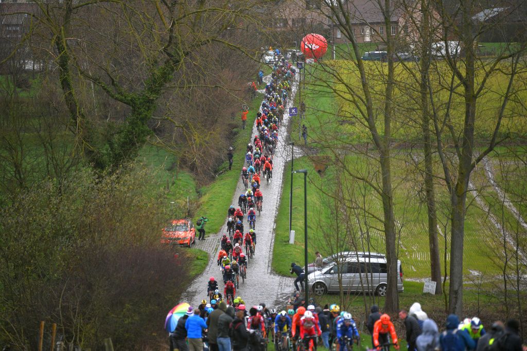 NINOVE BELGIUM FEBRUARY 29 Haaghoek Cobblestones Peloton Landscape Public Fans during the 75th Omloop Het Nieuwsblad 2020 Men Race a 200km race from Ghent to Ninove OmloopHNB OHN20 on February 29 2020 in Ninove Belgium Photo by Tim de WaeleGetty Images