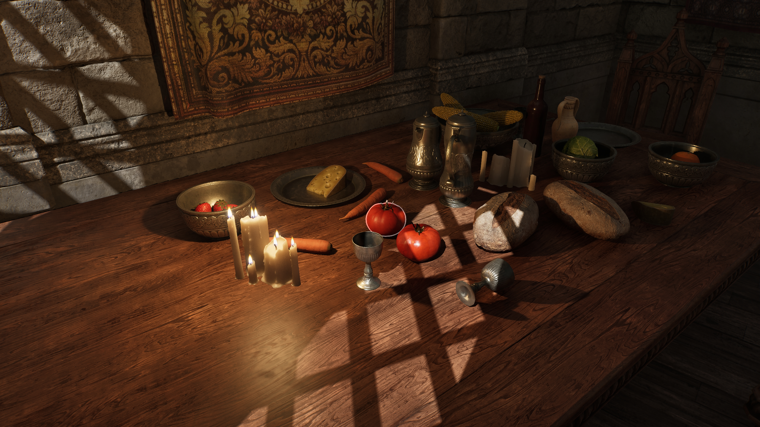A wooden table full of lootable bread, cheese, and vegetables in Oblivion Remastered