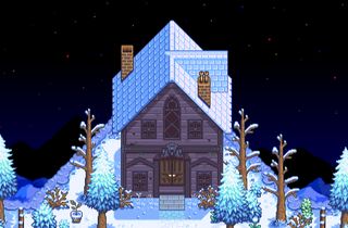 Haunted Chocolatier - A snow hilltop with a spooky looking mansion and a gargoyle on top.