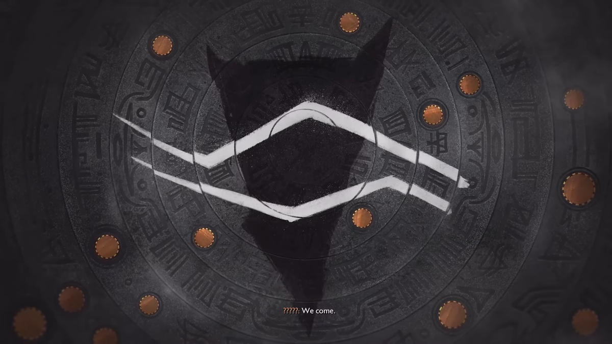 The Veilguard post-credits scene - a triangle and white lines symbol with the voice caption "we come"