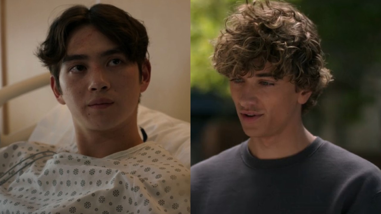 From left to right: a side by side of Steven in a hospital bed and Jeremiah standing outside in The Summer I Turned Pretty.