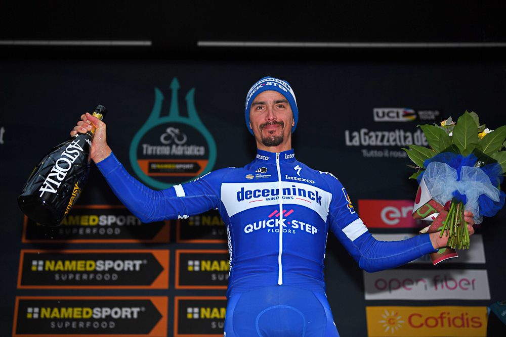Julian Alaphilippe on the Tirreno-Adriatico podium after winning stage 6