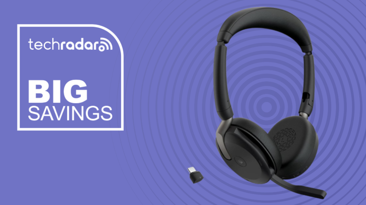 Jabra Evolve2 65 Flex on a purple background next to a TechRadar badge that reads 'Big Savings'