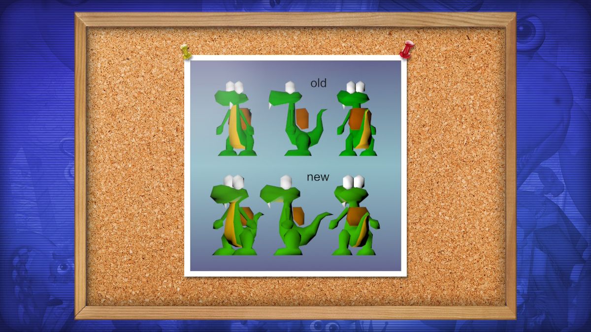 Screens from retro remaster game Croc 2, including concept art and 3D models
