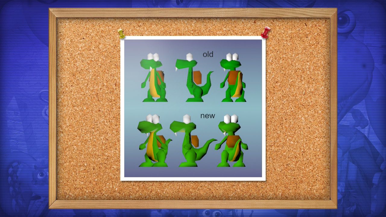 Screens from retro remaster game Croc 2, including concept art and 3D models