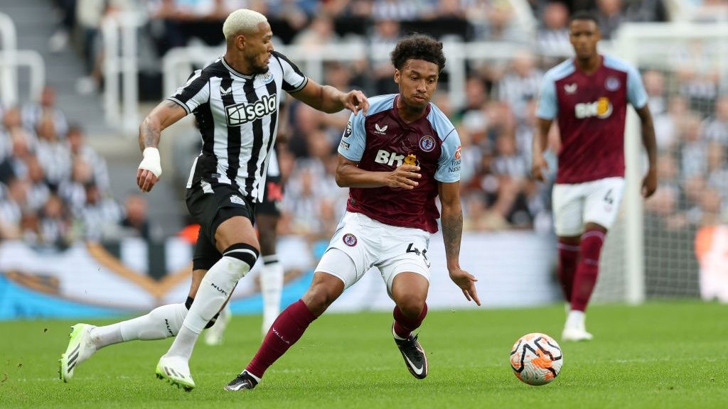 Boubacar Kamara of Aston Villa In action during the Premier League match between Newcastle United and Aston Villa at St. James Park on August 12, 2023 in Newcastle upon Tyne, England.