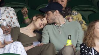 london, england july 03 phoebe dynevor and pete davidson hosted by lanson attend day 6 of the wimbledon tennis championships at the all england lawn tennis and croquet club on july 03, 2021 in london, england photo by karwai tangwireimage