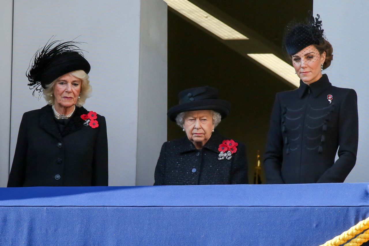 Camilla, Duchess of Cornwall, Queen Elizabeth II and Catherine, Duchess of Cambridge attend the annual Remembrance Sunday memorial at The Cenotaph, in Whitehall, London