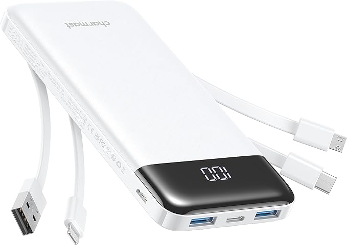 Portable Charger With Built in Cables, Portable Charger With Cords Wires Slim 10000mah Travel Battery Pack 6 Outputs 3 Inputs 3a Fast Charging Power Bank for Samsung Google Pixel Lg Moto Iphone Ipad