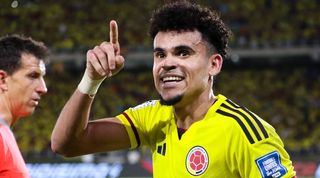 Liverpool midfielder Luis Diaz celebrates his second goal for Colombia in their win over Brazil in November 2023.