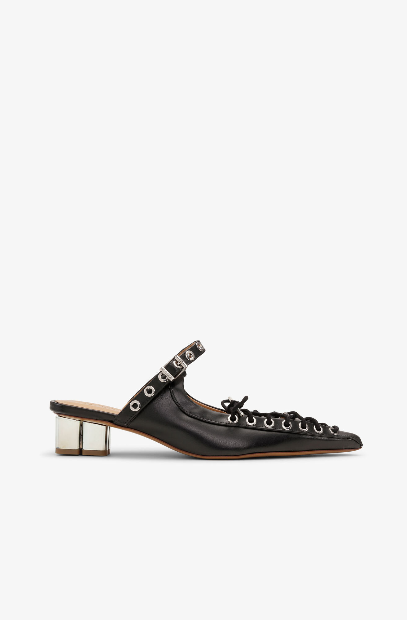 black leather lace up ganni heels