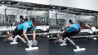 A and B positions of the reverse incline dumbbell flye