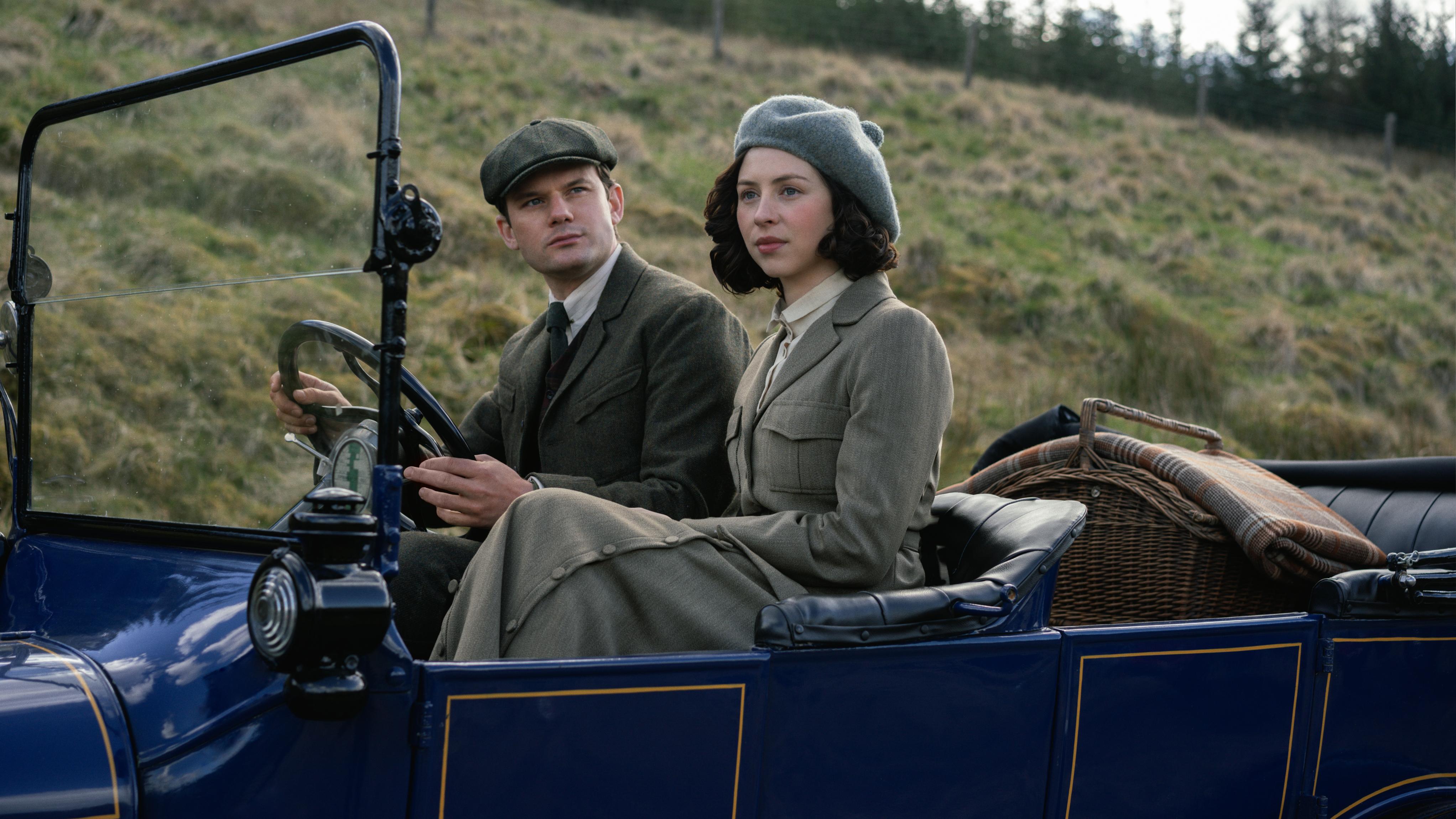 Jeremy Irvine and Hermione Corfield in Outlander: Blood of my Blood.
