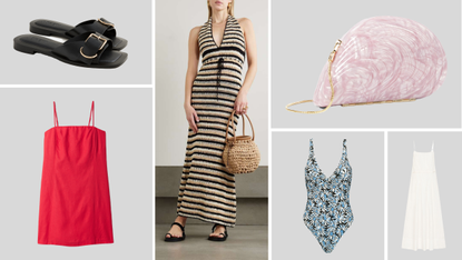 Product collage of J.Crew Callie Sandals in Leather, Gap Linen-Blend Mini Dress, CUUP The Plunge One Piece, FAITHFULL + Net Sustain Torcello Striped Crocheted Cotton Maxi Dress, Simkhai Bridal Bridget Pearl Shell Clutch, St. Agni Drawstring-Detailed Cotton Maxi Dress