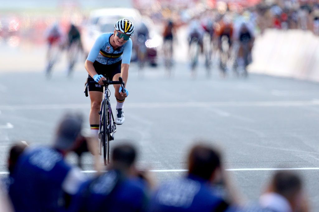 OYAMA JAPAN JULY 25 Lotte Kopecky of Team Belgium in 4th place on arrival during the Womens road race on day two of the Tokyo 2020 Olympic Games at Fuji International Speedway on July 25 2021 in Oyama Shizuoka Japan Photo by Tim de WaeleGetty Images