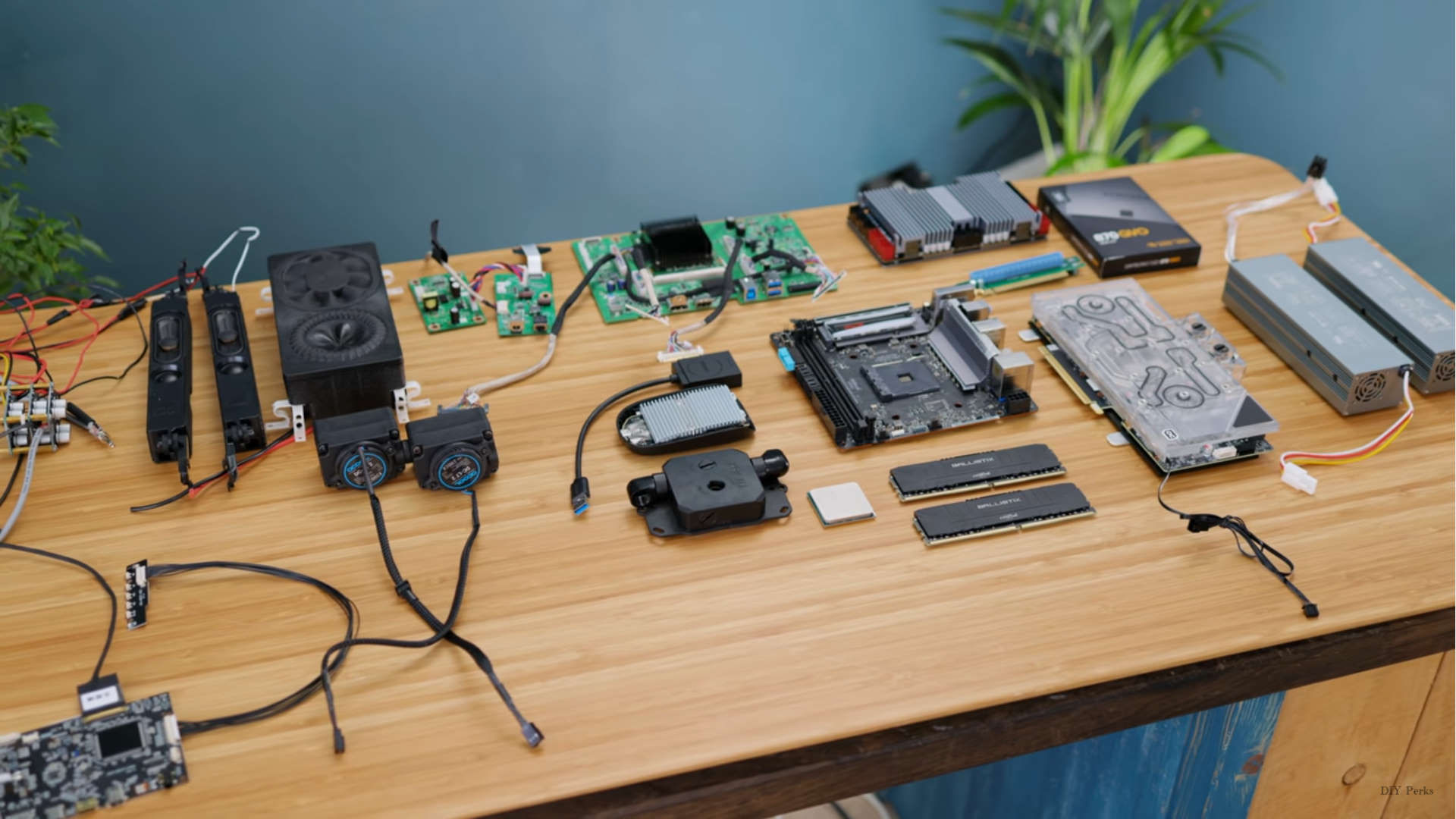 Components laid out on a table for use in a portable all in one PC from DIY Perks
