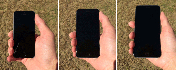 One-handed reach test: iPhone 5s (left), iPhone 6 (middle), and iPhone 6 Plus (right)