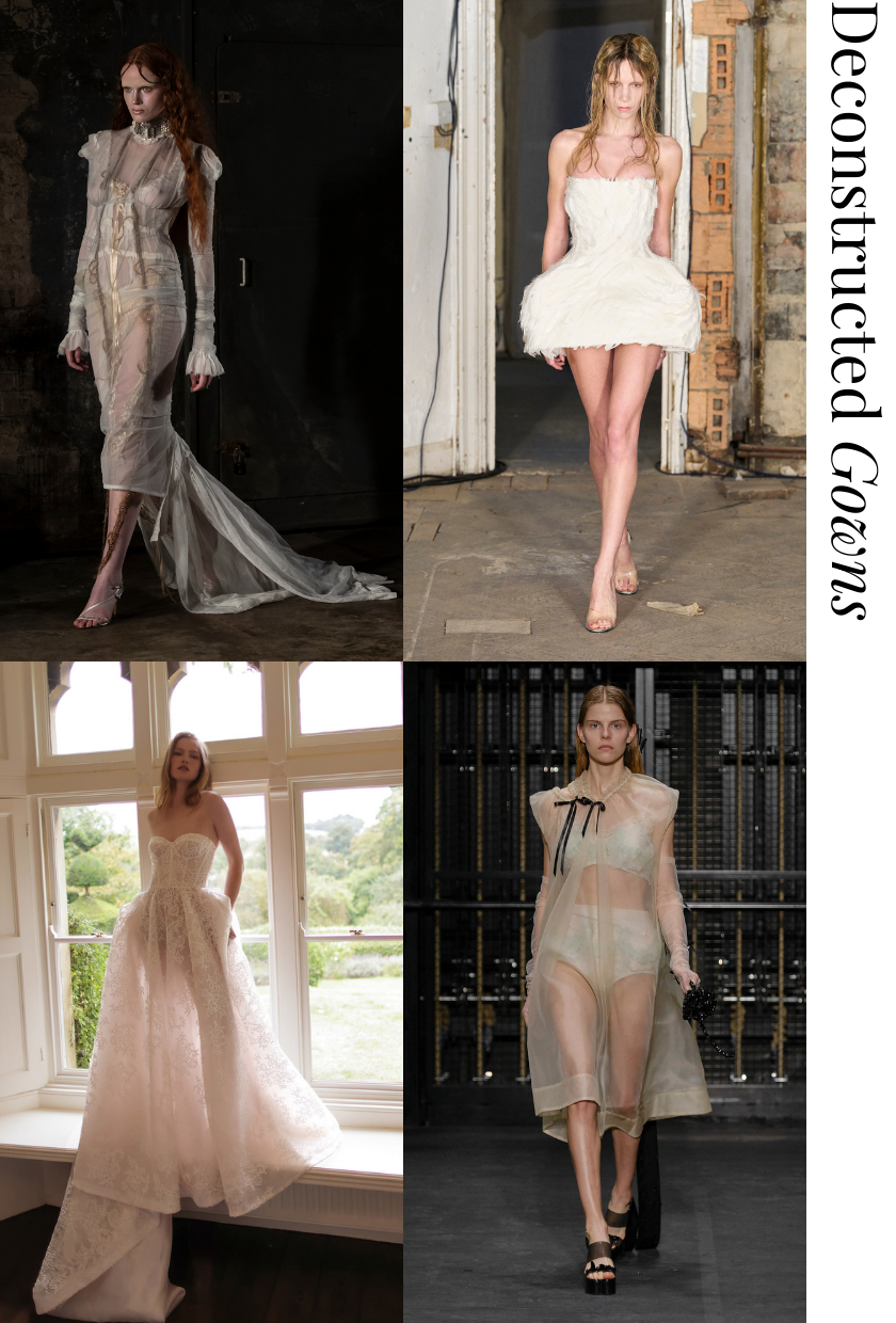 A collage showcasing the deconstructed gown wedding dress trend.